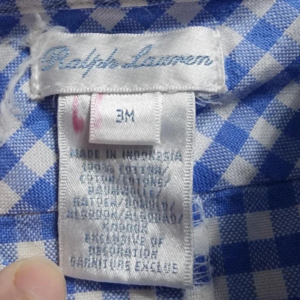 Ralph Lauren Baby Boys Blue Gingham Cotton Oxford Romper 3M Short Sleeve